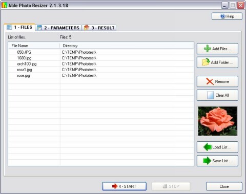 Able Photo Resizer – Files tab for selecting images