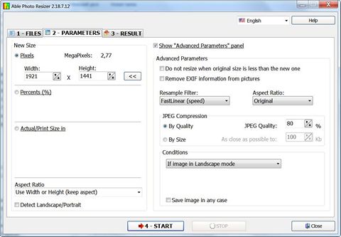 Able Photo Resizer – Parameters tab for resizing settings