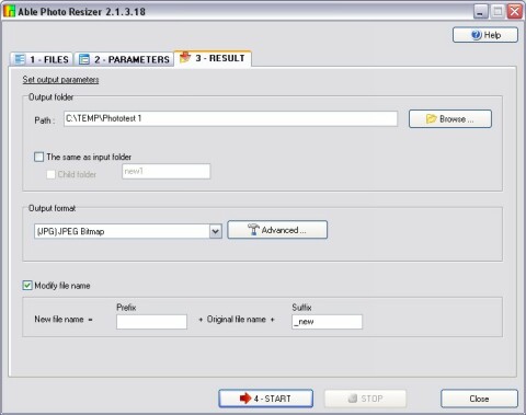 Able Photo Resizer – Result tab with output options